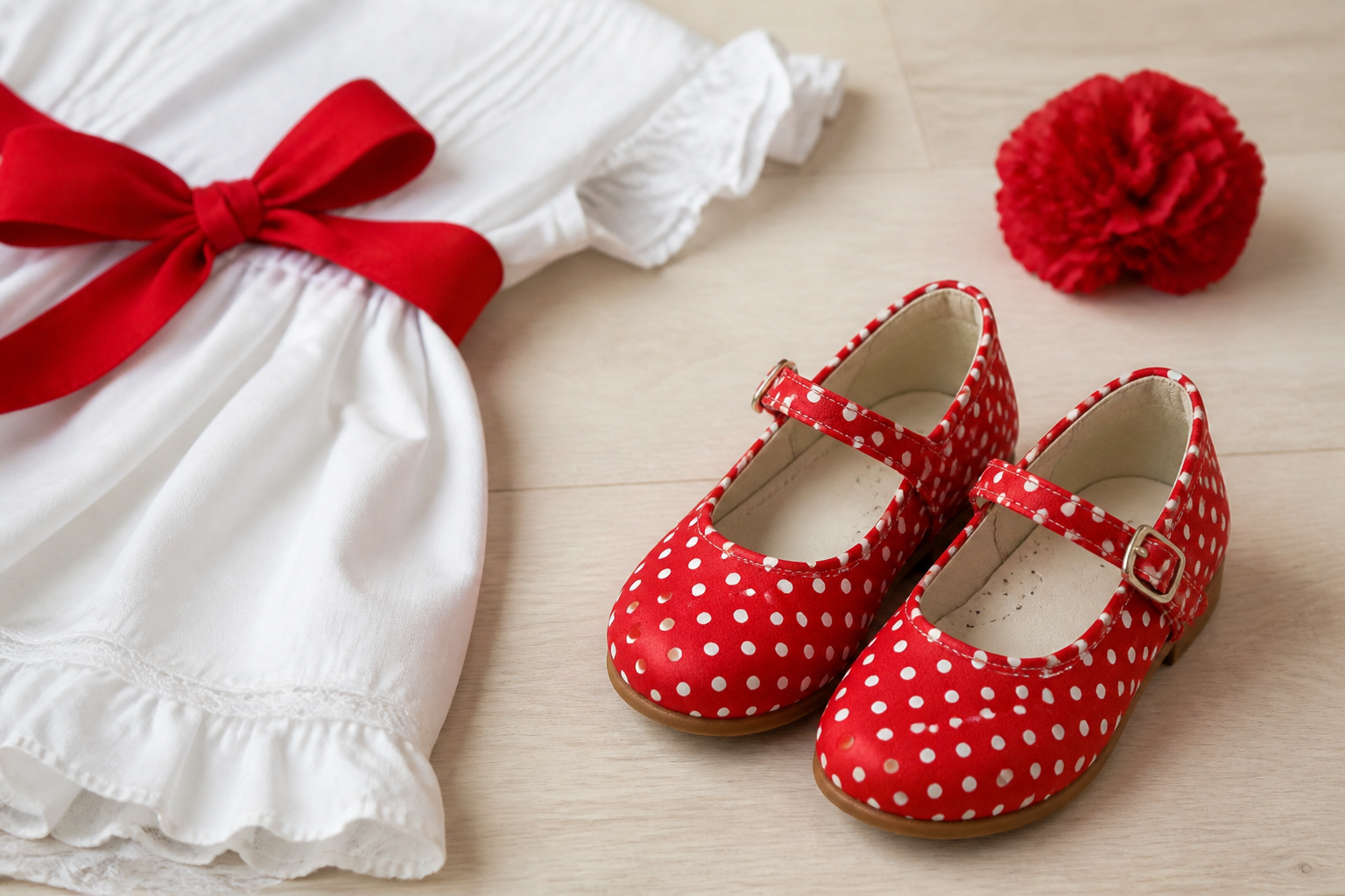 Zapatos rojos infantiles de lunares blancos junto a vestido blanco y lazo rojo